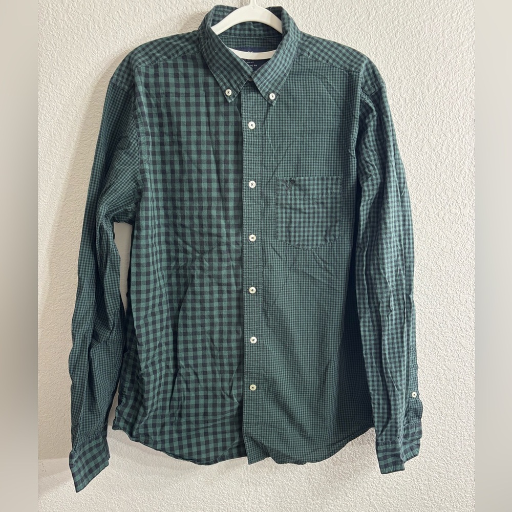 American Eagle Outfitters Dark Green Plaid Gingham Button Down Shirt Men M